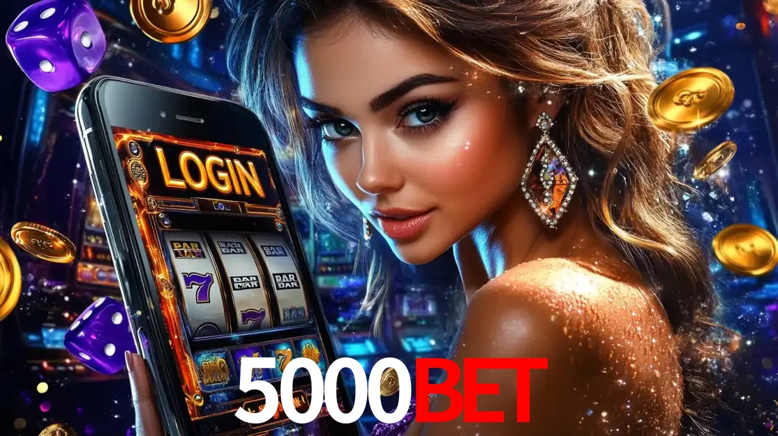 Mulher glamorosa segurando um smartphone com a tela de login para os jogos de caça-níqueis do cassino online 5000BET, com moedas de ouro e dados ao redor.