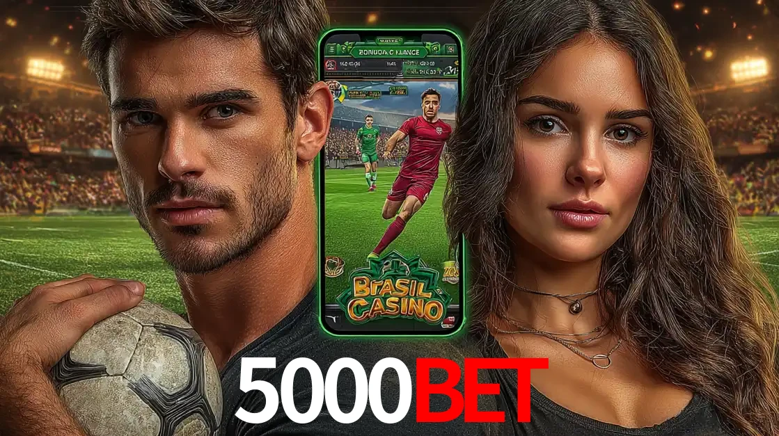 Homem segurando uma bola de futebol e uma mulher ao lado de um smartphone exibindo o jogo de apostas esportivas da 5000BET. Faça seu palpite no cassino online.
